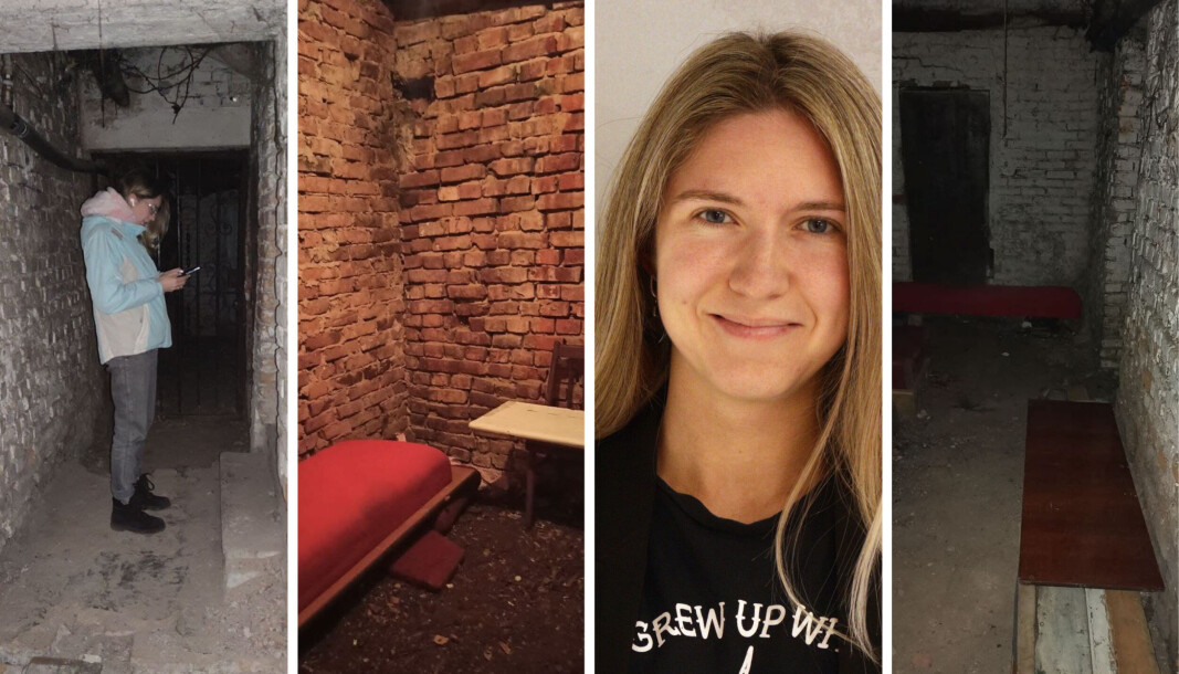 Bildet til venstre viser Olena Ostrovska i blokkas bomberom og er tatt av hennes mann. Det er kun her, ved utgangen, at nettet fungerer. Da flyalarmen gikk denne dagen, var hun midt i et digitalt møte som hun fortsatte via mobilen. De andre bildene viser kjelleren for øvrig. Bildet til venstre viser Olena Ostrovska i blokkas bomberom og er tatt av hennes mann. Det er kun her, ved utgangen, at nettet fungerer. Da flyalarmen gikk denne dagen, var hun midt i et digitalt møte som hun fortsatte via mobilen. De andre bildene viser kjelleren for øvrig.