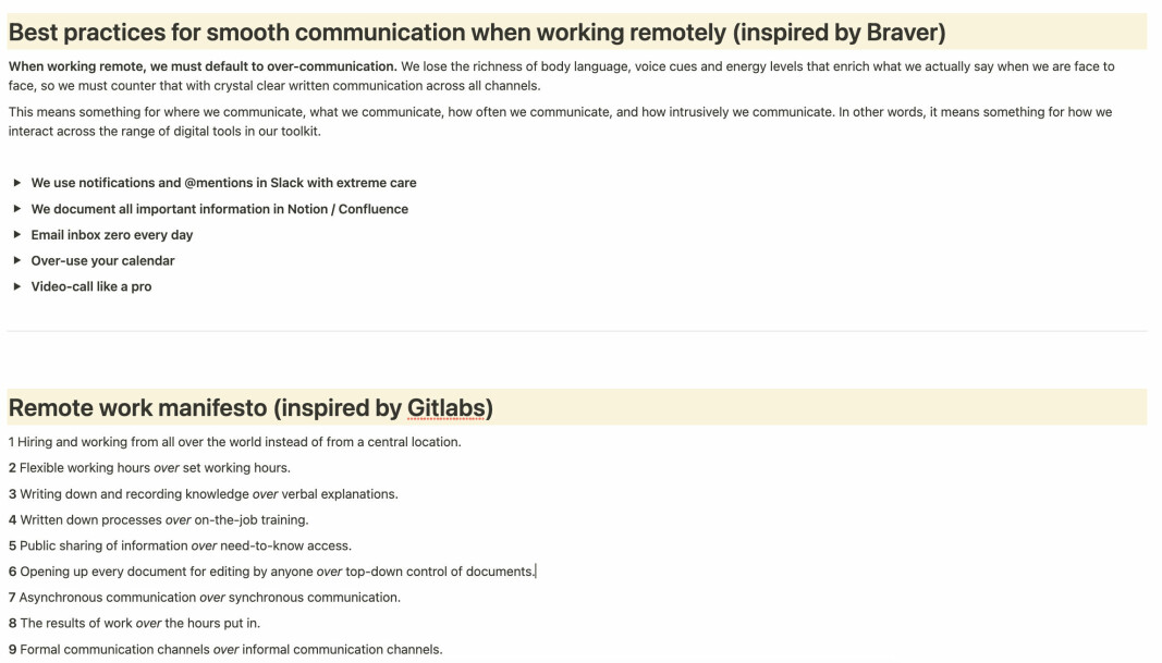 Denne siden i håndboken inneholder informasjon om hvordan Firi ønsker å optimalisere remote-kommunikasjonen. Her har selskapet tatt inspirasjon fra Braver Consulting og Gitlab da de i stor grad identifiserer seg med mye av innholdet deres, forteller Blaker Høgevold.