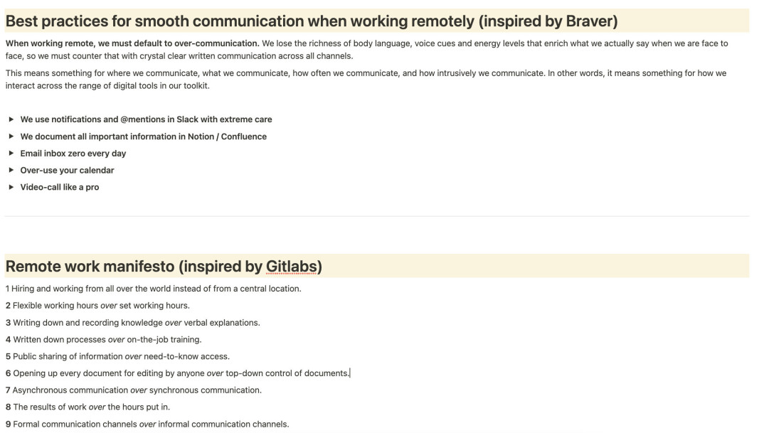 Denne siden i håndboken inneholder informasjon om hvordan Firi ønsker å optimalisere remote-kommunikasjonen. Her har selskapet tatt inspirasjon fra Braver Consulting og Gitlab da de i stor grad identifiserer seg med mye av innholdet deres, forteller Blaker Høgevold. Denne siden i håndboken inneholder informasjon om hvordan Firi ønsker å optimalisere remote-kommunikasjonen. Her har selskapet tatt inspirasjon fra Braver Consulting og Gitlab da de i stor grad identifiserer seg med mye av innholdet deres, forteller Blaker Høgevold.