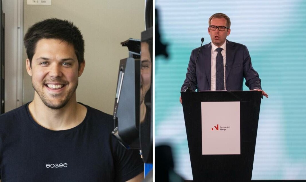 Easee-gründer Jonas Helmikstøl gjør braksuksess med sine smarte ladebokser for elbil. Det gir klingende mynt i kassa, også fra staten, her ved administrerende direktør Håkon Haugli i Innovasjon Norge. Easee-gründer Jonas Helmikstøl gjør braksuksess med sine smarte ladebokser for elbil. Det gir klingende mynt i kassa, også fra staten, her ved administrerende direktør Håkon Haugli i Innovasjon Norge.