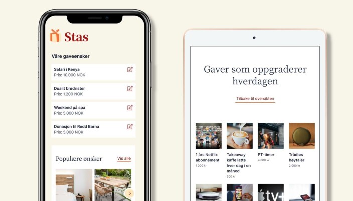 Forslag og gavelister i Stas. App-looken er bare brukt som eksempel. Foreløpig finnes Sats bare som en webtjeneste. Forslag og gavelister i Stas. App-looken er bare brukt som eksempel. Foreløpig finnes Sats bare som en webtjeneste.