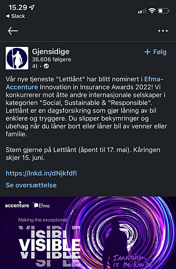 Gjensidige forteller i sosiale medier om at det er nominert til innovasjonspris for tjenesten. De vant ikke. Gjensidige forteller i sosiale medier om at det er nominert til innovasjonspris for tjenesten. De vant ikke.