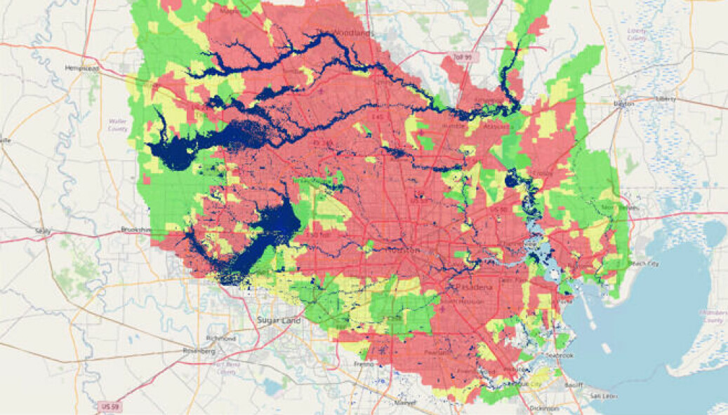 Kart over Houston med vannveier og potensial for flom.
