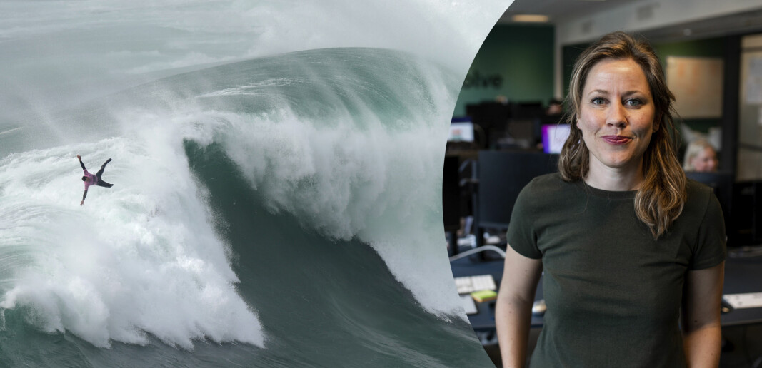 Til venstre: Surfer Eric Rebiere får en flytur i en bølge utenfor Nazare i Portugal. Til høyre: Merete Nygaard i Lexolve, som skriver om hvordan man skal klare seg i stormen.