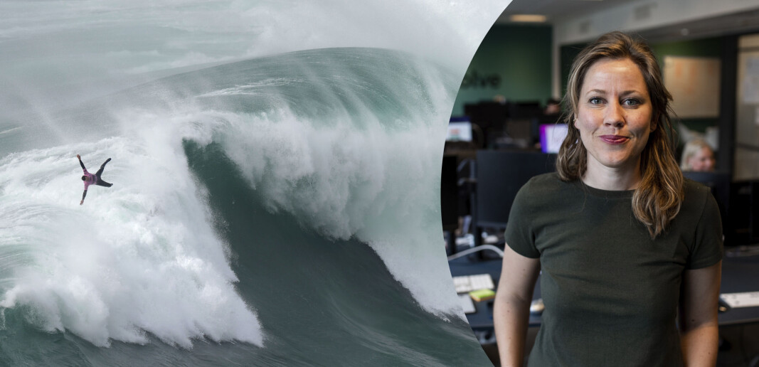 Til venstre: Surfer Eric Rebiere får en flytur i en bølge utenfor Nazare i Portugal. Til høyre: Merete Nygaard i Lexolve, som skriver om hvordan man skal klare seg i stormen. Til venstre: Surfer Eric Rebiere får en flytur i en bølge utenfor Nazare i Portugal. Til høyre: Merete Nygaard i Lexolve, som skriver om hvordan man skal klare seg i stormen.