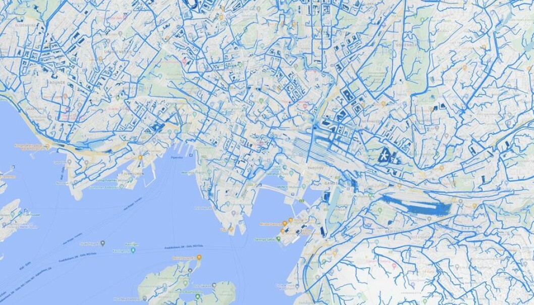 Overvannsmodellen viser hvor vann vil renne og samle seg opp. Her i Oslo. Overvannsmodellen viser hvor vann vil renne og samle seg opp. Her i Oslo.