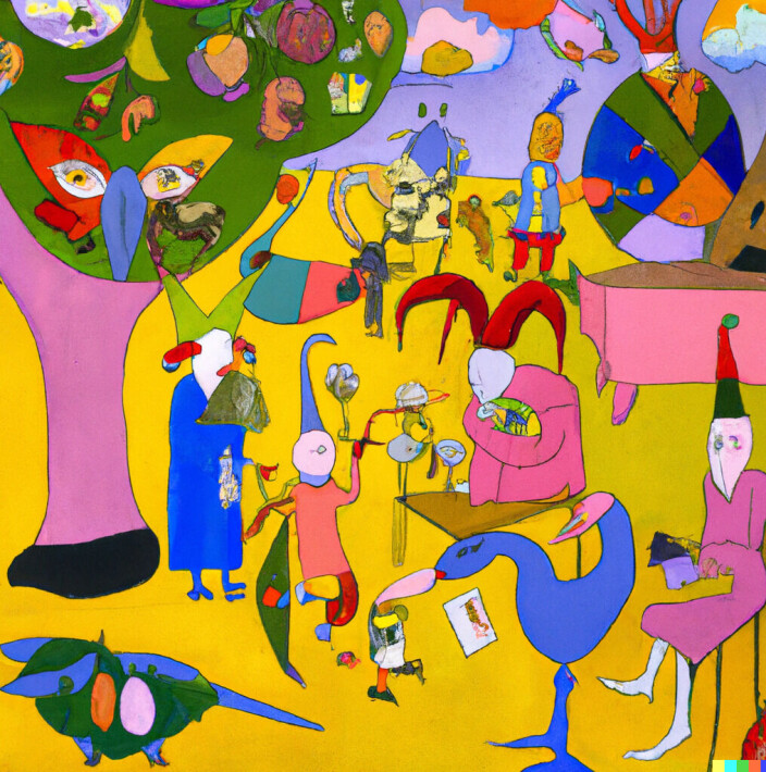 En variant av «The garden of earthly delights by Hieronymus Bosch in the style of Henri Matisse» En variant av «The garden of earthly delights by Hieronymus Bosch in the style of Henri Matisse»