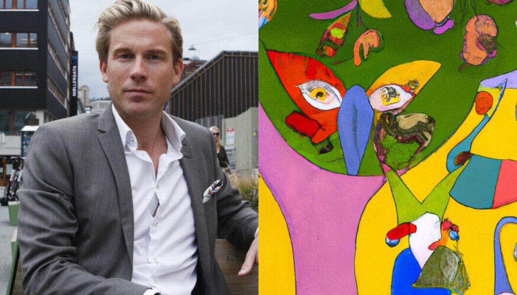 Christoffer Hernæs med en av sine kunstig intelligente kreasjoner. Christoffer Hernæs med en av sine kunstig intelligente kreasjoner.