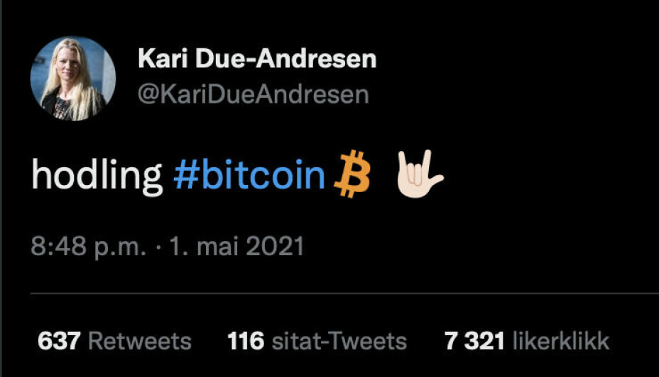 Lykkelig bitcoin-hodler i mai 2021, Kari Due-Andresen