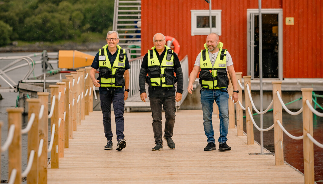 Rekordknusere. Paul Birger Torgnes (i midten) er sammen med broren Arnfinn Torgnes t.v. og sønnen Karl Johann Torgnes sentrale aktører i Torghatten Aqua, som har slått ny rekord i akjsebasert folkefinansiering. Her er de ved anlegget til til datterselskapet Norsk Havbrukssenter.