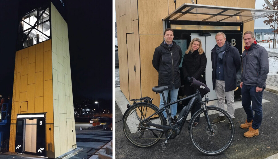 Bikeloop har utviklet en sykkelparkeringsautomat, og den første (avbildet) ble lansert i Bærum før jul i fjor. Nå rigger de tjenesten for salg. Fra høyre; Kristian Lough Grimsgaard, Richard Dirdal, Hedda Heyerdahl og Nicolai Horgen utgjør gründerteamet.