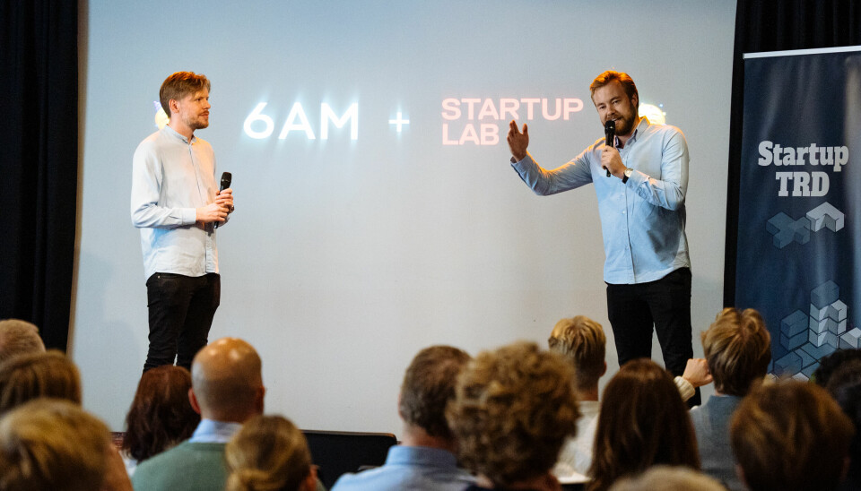 Thor Richard Isaksen (t.v.) i 6AM og Jørgen Veiby i StartupLab fortalte om samarbeidet under på et event i regi av StartupTRD i Trondheim torsdag kveld.