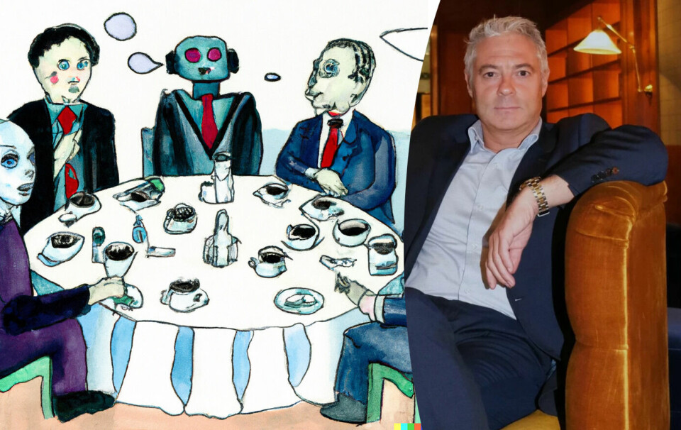 Salvador Baille (t.h.) og et AI-generert bilde av politikere som sitter rundt et bord og diskuterer kunstig intelligens med en robot.