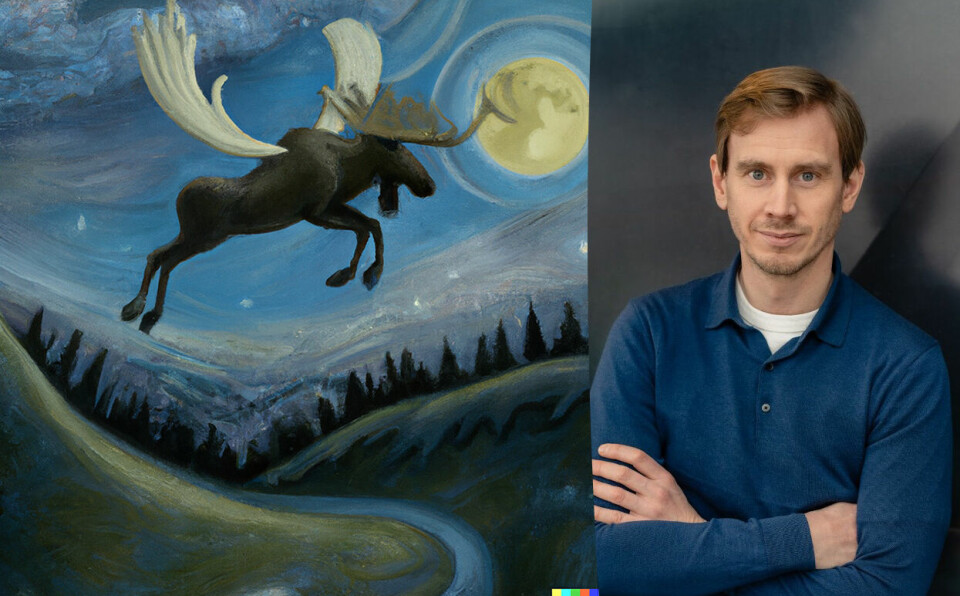 Til høyre er Jon Kåre Stene, og til venstre den kunstige intelligensens generering av en elg med vinger som har forlatt et norsk landskap for å satse på å nå månen.