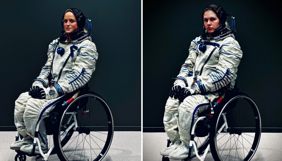Nåva para-astronautkandidater Mission Specialist og lege lena Schrøder (høyre) og Hennes reserve Christine Utne (venstre). Begge iført Sokol Romdrakt for innsiktsarbeid og testing.