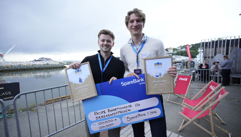 Arctic Protein-gründerne: Eirik Kristoffer Myking og Torjus Ødegård stakk av med begge prisene i Trondheim. Gründerne i Arctic Protein: