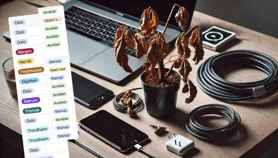 AI-generert illustrasjon av en vissen plante omgitt av teknologi.