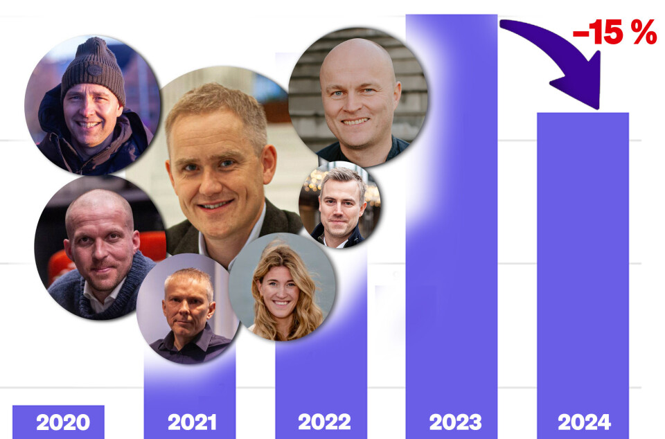 2024 endte med nedtur for norsk folkefinansiering. De syv folkefinansieringsaktørene er: I midten: Geir Atle Bore (Fundingpartner). Rundt ham f.v. Lars Hafstad (Perx), Kristian Gjerde Løkken (Oblinor), Bjørn Kjetil Hellestræ (Spleis), Amalie Holt (Folkeinvest), Sebastian Harung (Kameo) og Ole B. Larsen (Dealflow).