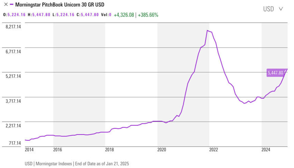 Utvikling i indeksen Unicorn30 siste ti år.