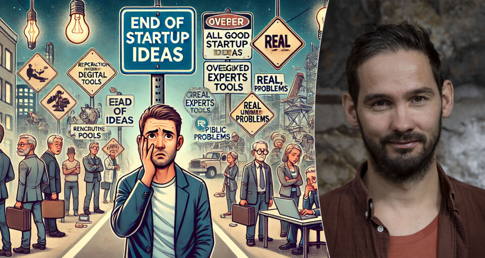 Til høyre er redaktøren i Shifter, til venstre er en AI-generert tegning som skal forestille en gründer som er bekymret for at alle ideer er tatt. Vi beklager AI-ens utfordringer med rettskrivingen.