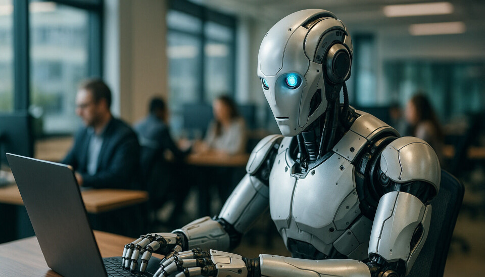 Bilde for illustrasjon: Robot som sitter å gjør arbeidsoppgaver. Bilde for illustrasjon: Robot som sitter å gjør arbeidsoppgaver. AI. Kunstig Intelligens.