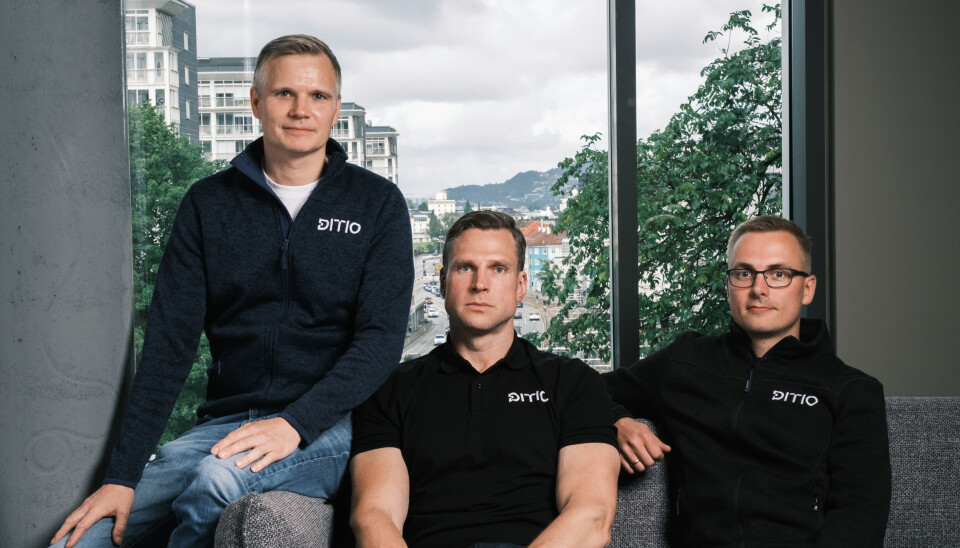 Gründer og CTO Jacob Christian Døskeland (fra venstre), COO Steffen Nerdal og CEO Thor Petter Korsmo i Ditio.