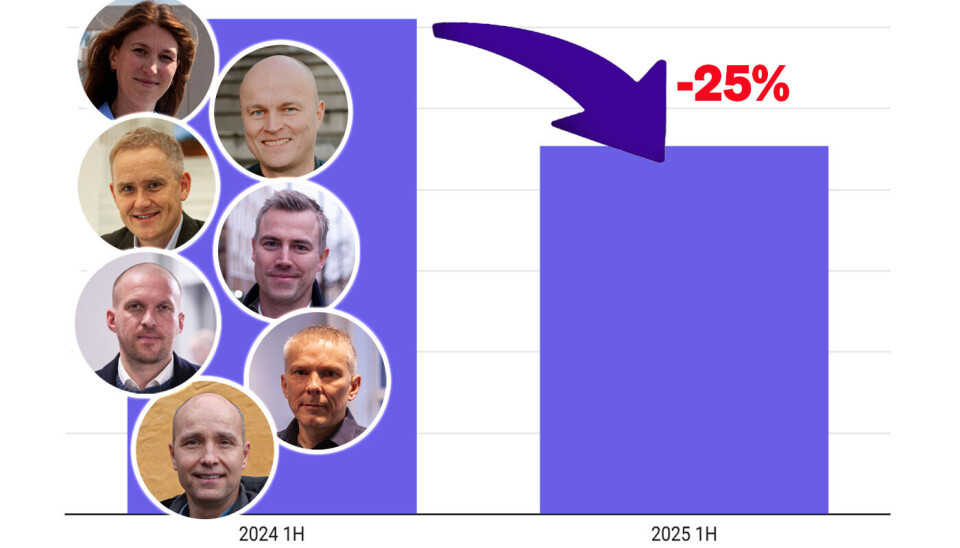 Folkefinansieringstall første halvår 2025. Fra toppen medurs: Amalie Holt, Folkeinvest, Ole Bernhard Larsen, Dealflow, Sebastian Harung, Kameo, Bjørn Kjetil Hellestræ, Spleis, Lars Hafstad, Perx, Kristrian Gjerde Løkken, Oblinor samt Geir Atle Bore, Fundingpartner.