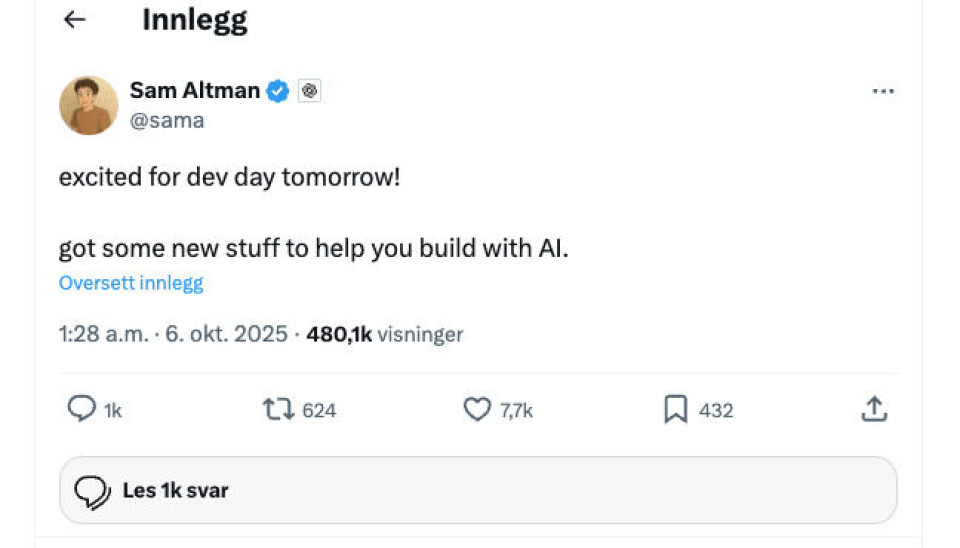 X-oppdateringen fra Altman ble lagt ut natt til mandag norsk tid. X-oppdateringen fra Altman ble lagt ut natt til mandag norsk tid. Sam altman. Tweet. X. Kunstig intelligens. AI