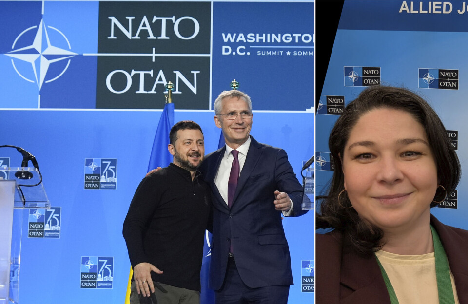 Ukrainas President Volodymyr Zelenskyy og daværende NATO-sjef Jens Stoltenberg på en pressekonferanse i 2024. Gründer Maria Amelie i Factiverse til høyre.